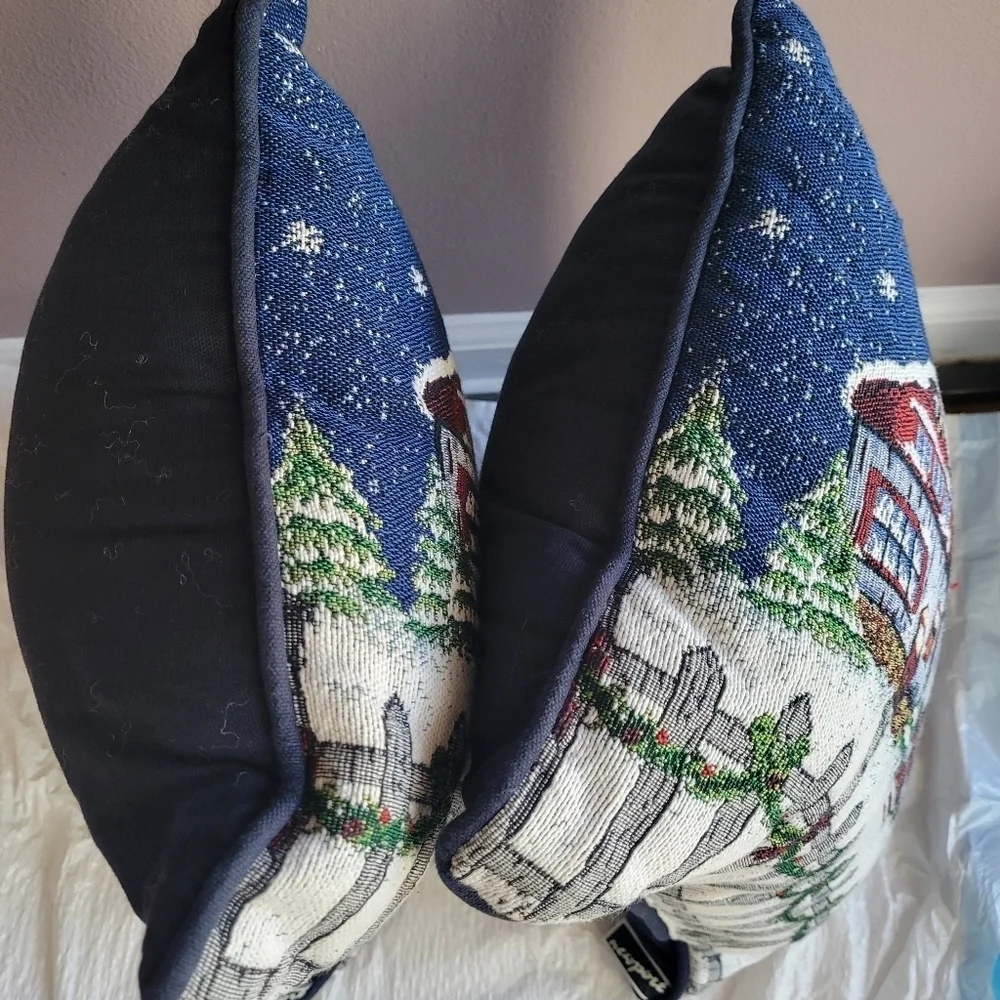 Two Christmas-Themed Tapestry Pillows Snowy Landscape Rectangle Blue Houses VTG